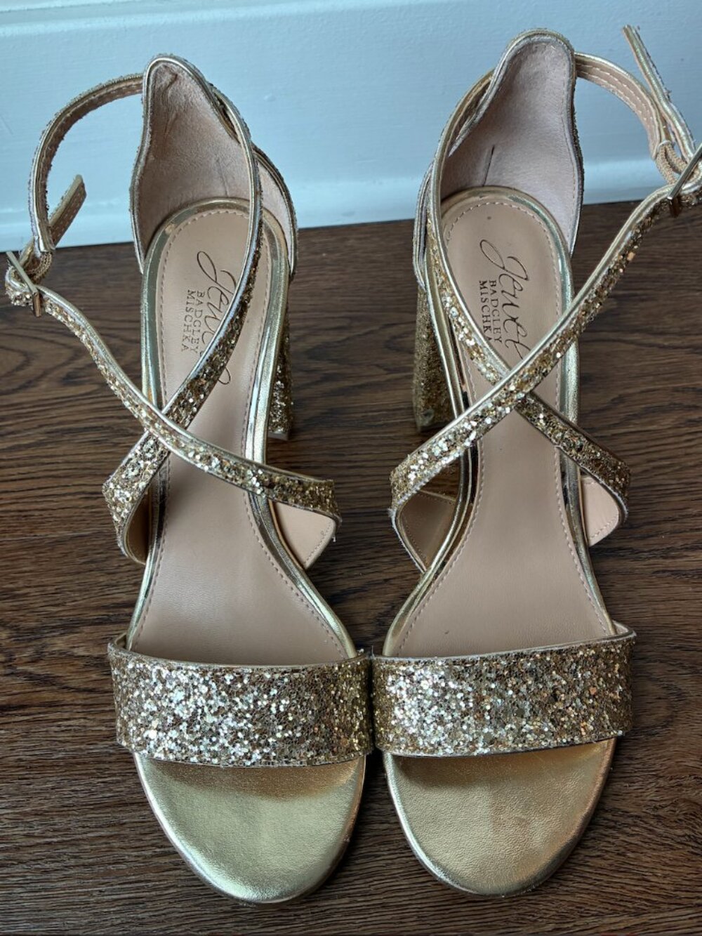 Jewel Badgley Mischka Cook Metallic Glitter Strappy Peep Toe Block Heel-Size 7.5 - Picture 4 of 8